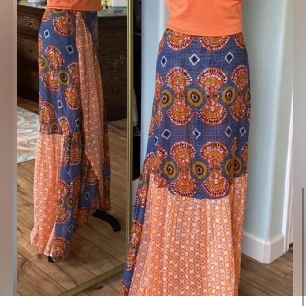 Blue and Orange Maxi Wrap Skirt set with matching Cropped Blouse